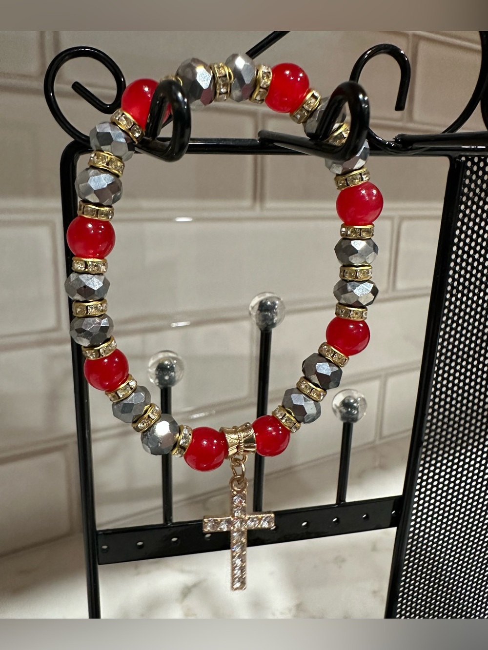 Red, Silver & Gold Beaded Cross Bracelet